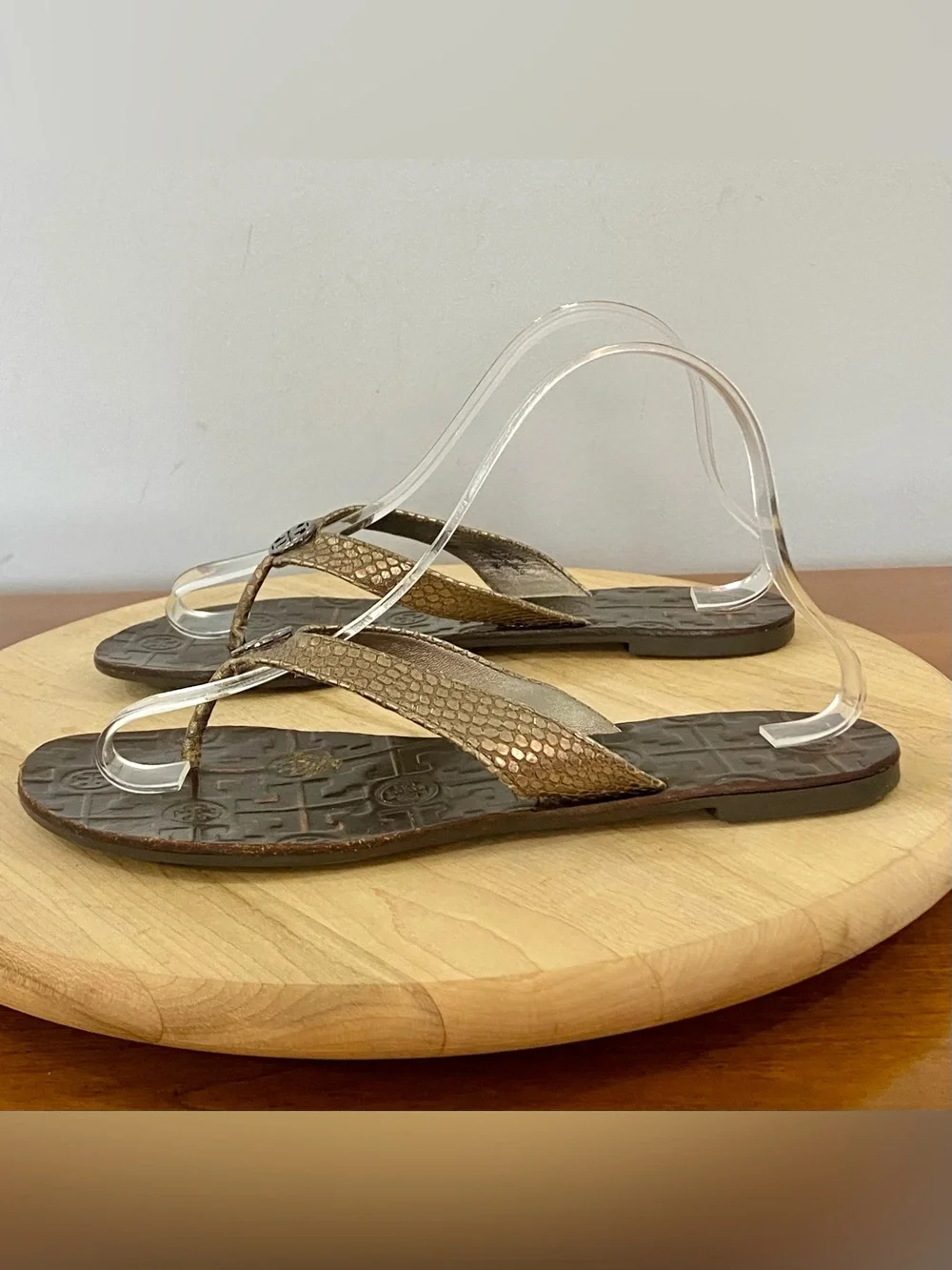 Tory Burch Thora Thong Flip Flop Sandals Snakeskin Brown Leather Metallic Sz 9 M
